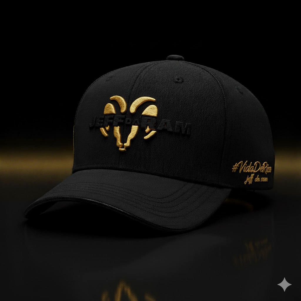 Boné preto Jeff da RAM com o logotipo do carneiro bordado em dourado na frente